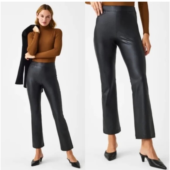SPANX Pants - SPANX Black Faux Leather Cropped Pull On Flare Pants Size XL